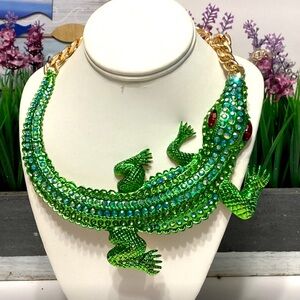 Green Alligator Necklace with Gold Accents